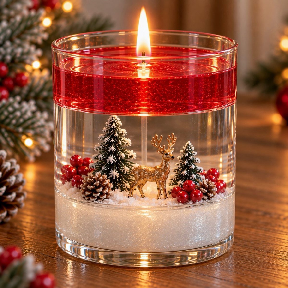 Lit red candle in a glass jar featuring a miniature winter reindeer scene
