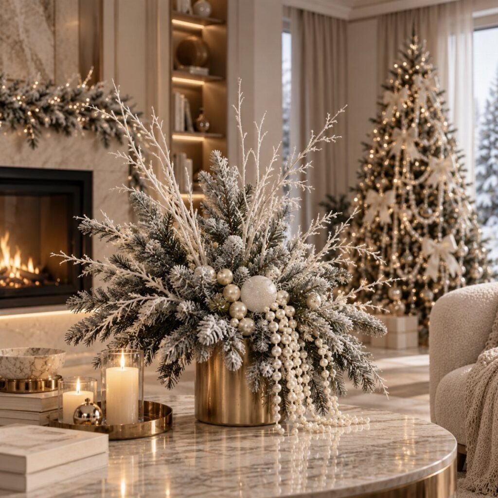White and gold Christmas centerpiece on a marble table with a decorated tree behind.