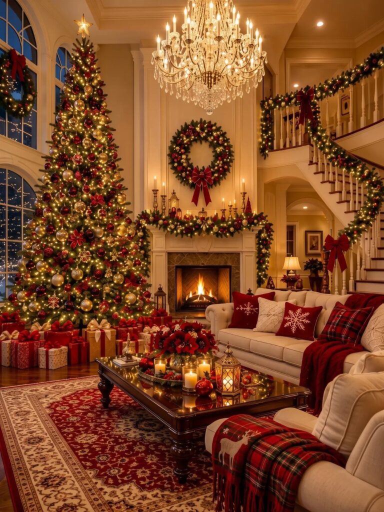 Christmas decorated living room with a tall tree, lit fireplace, and red accents.