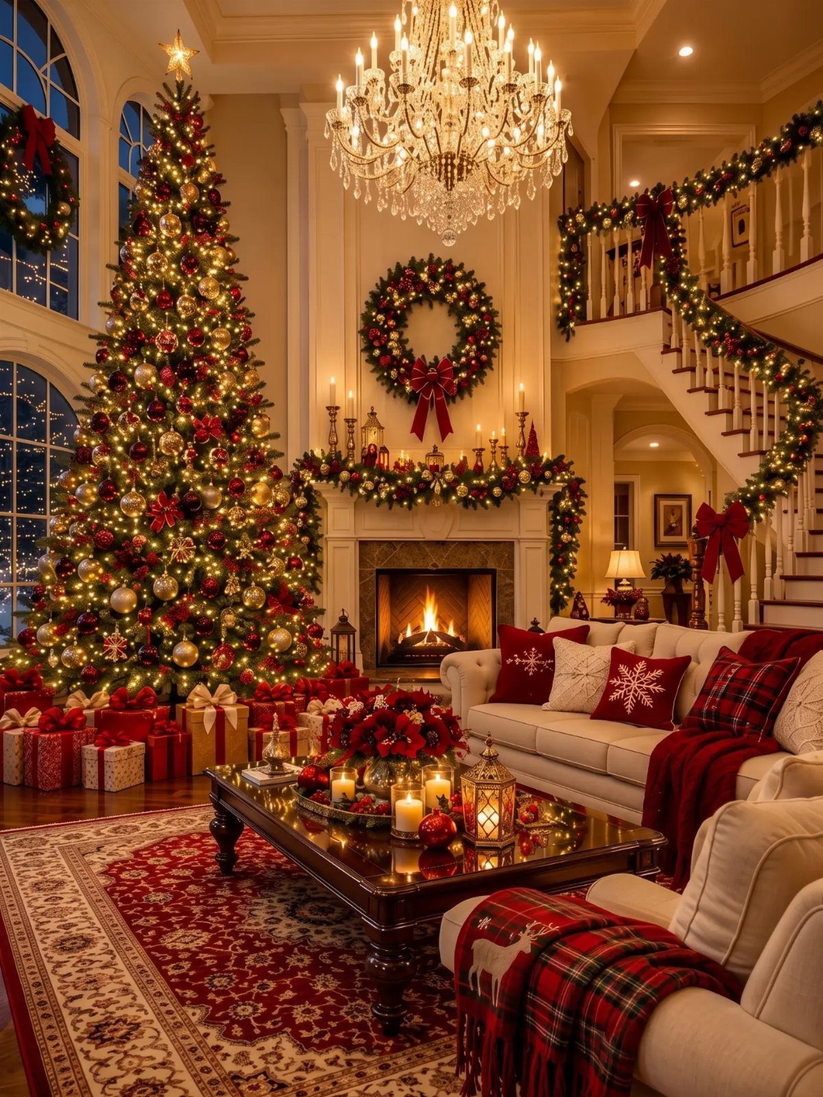 Christmas decorated living room with a tall tree, lit fireplace, and red accents.