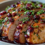Sliced roasted turkey breast with a dark glaze, cranberries, and fresh green herbs.