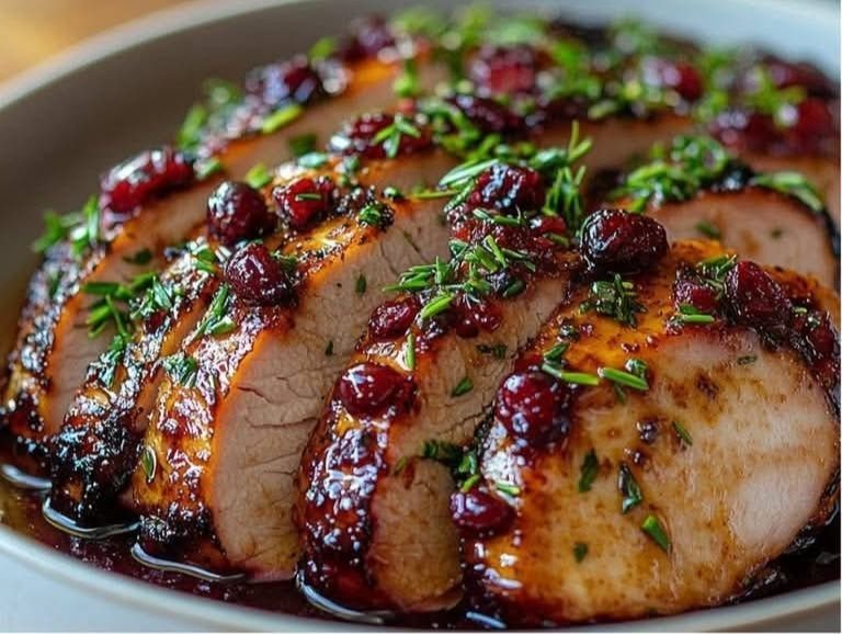 Sliced roasted turkey breast with a dark glaze, cranberries, and fresh green herbs.