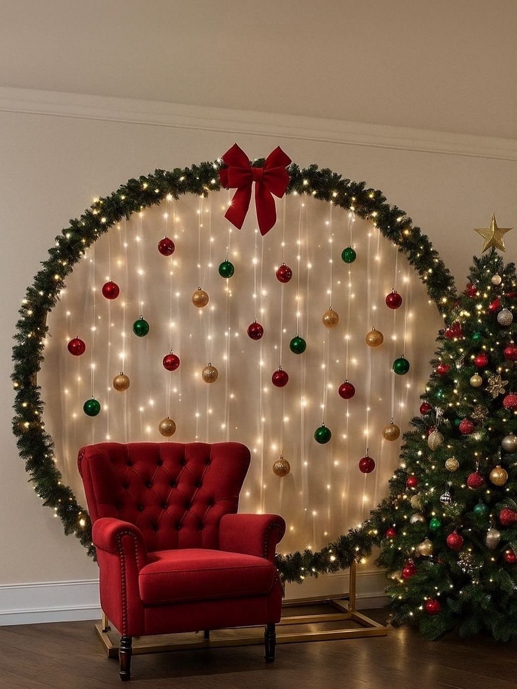 Red armchair in front of a circular Christmas ornament backdrop and decorated tree
