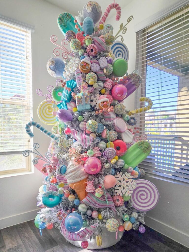 Candy-themed white Christmas tree decorated with oversized colorful sweets and pastel ornaments.
