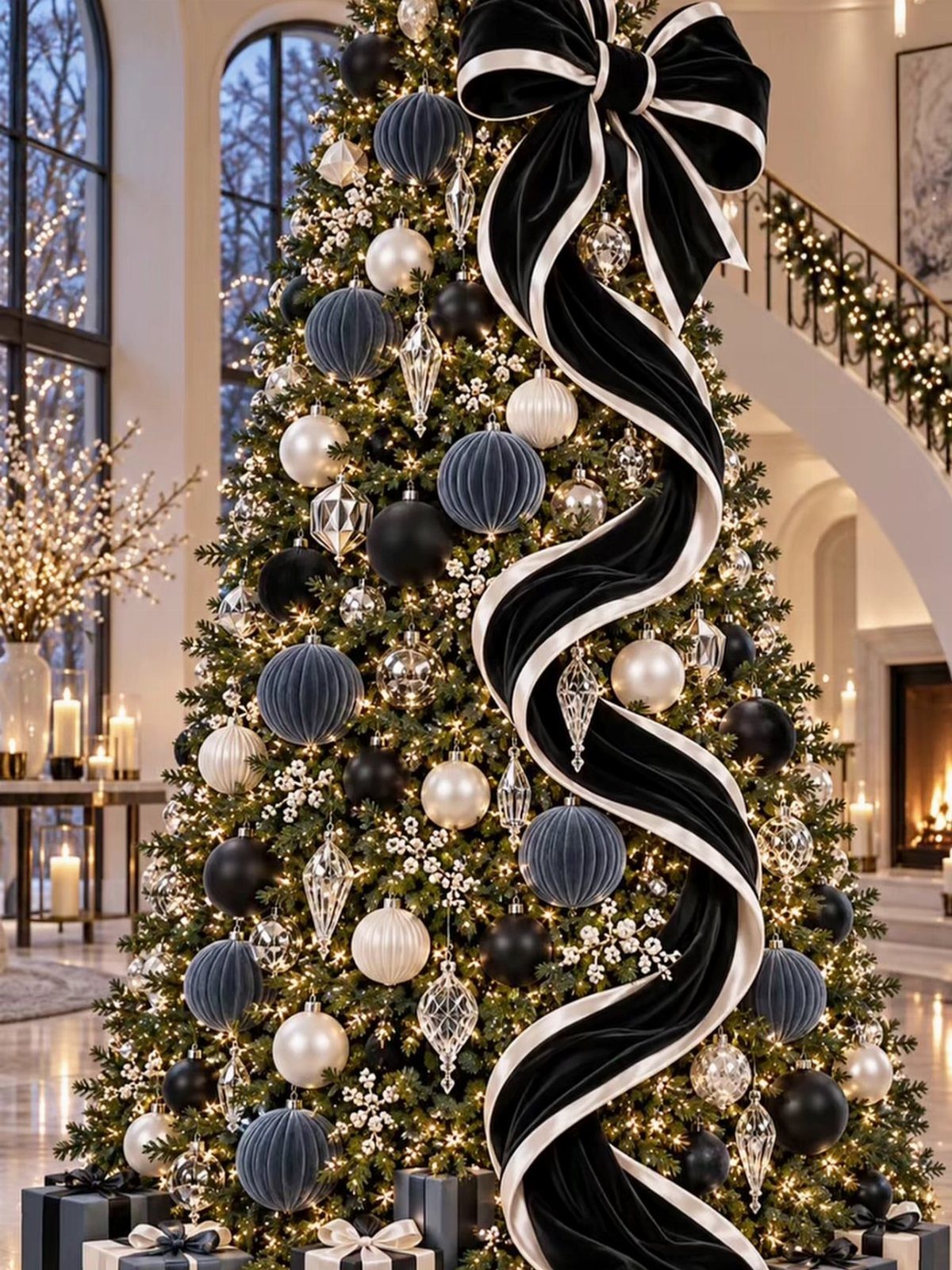 Christmas tree with a large black velvet ribbon topper cascading down the branches.
