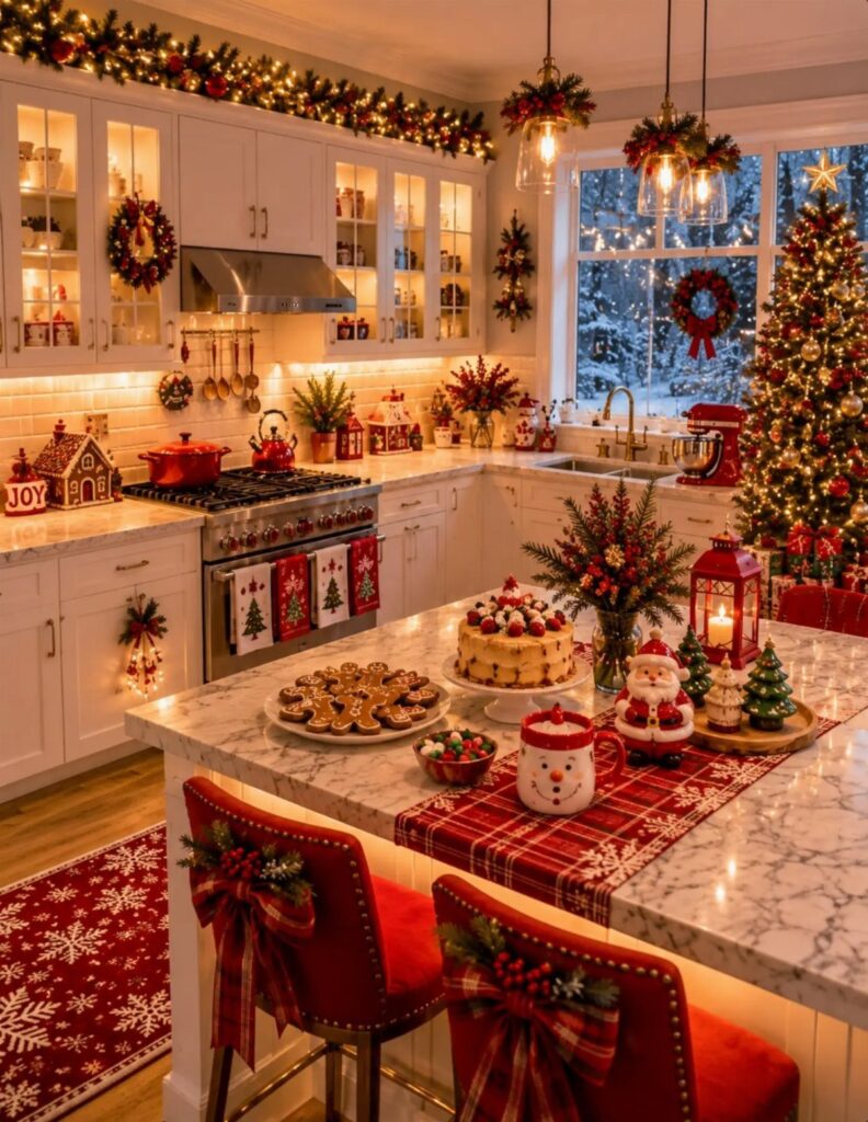 Decorated Christmas tree in a white kitchen with festive treats on a marble island