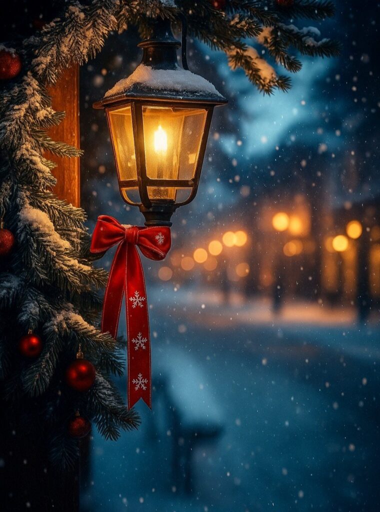 Glowing lantern with red ribbon on snowy pine branch during a winter night