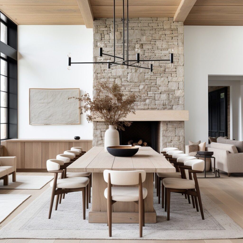 Contemporary farmhouse dining room with wooden table, cream chairs, and stone fireplace.