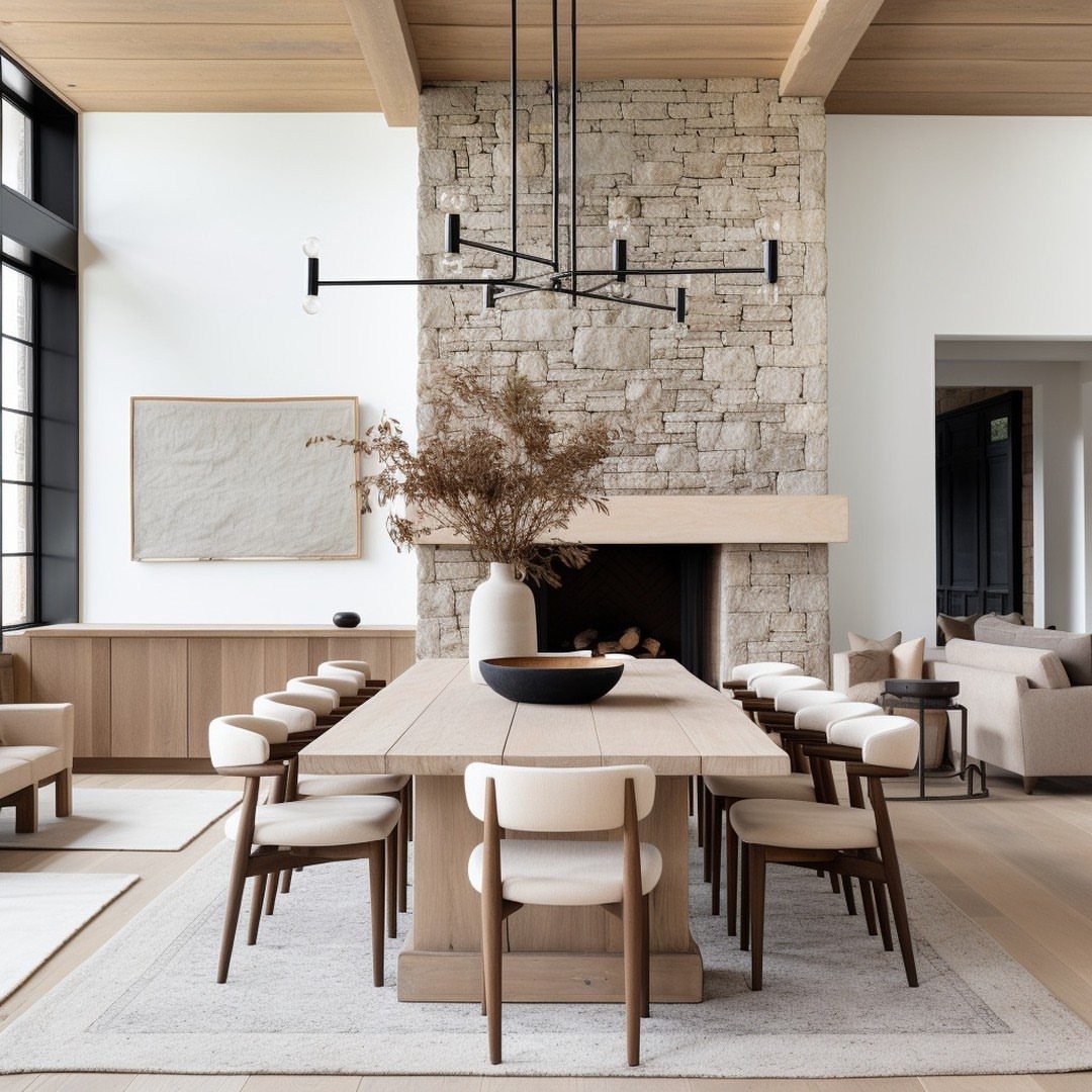 Contemporary farmhouse dining room with wooden table, cream chairs, and stone fireplace.