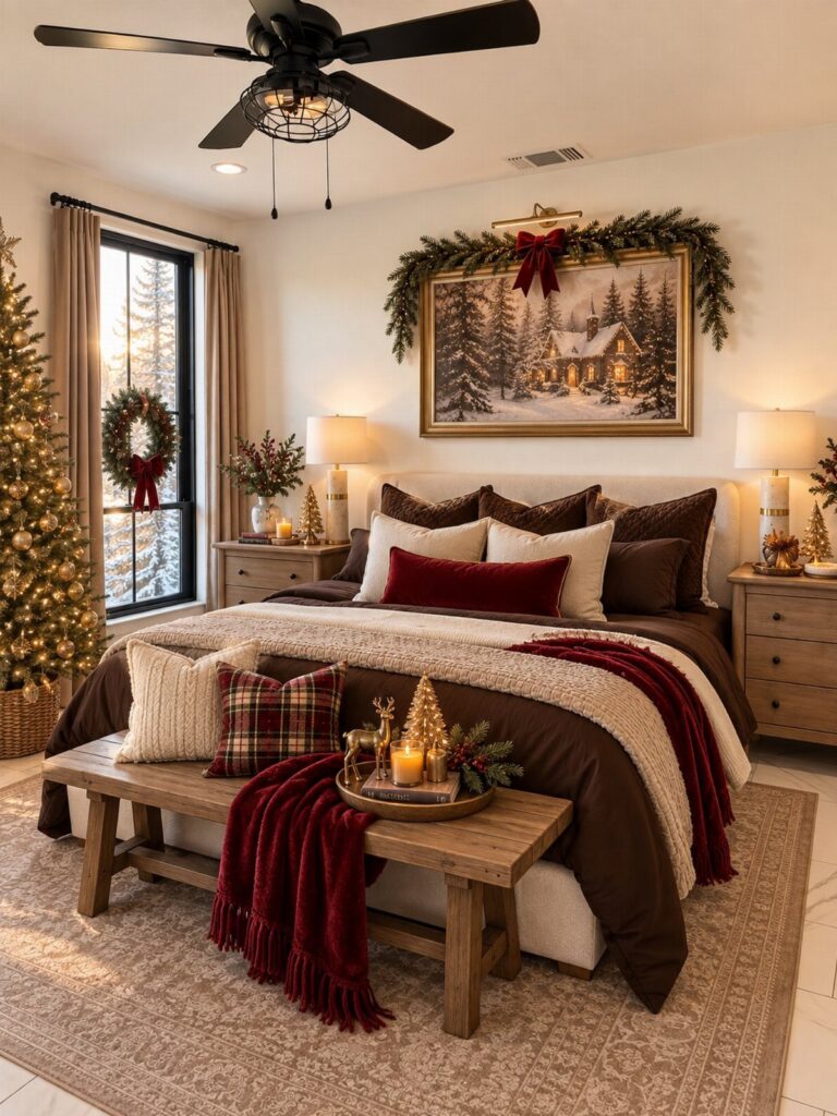 Christmas decorated bedroom with a brown bed, red accents, and a lit tree.