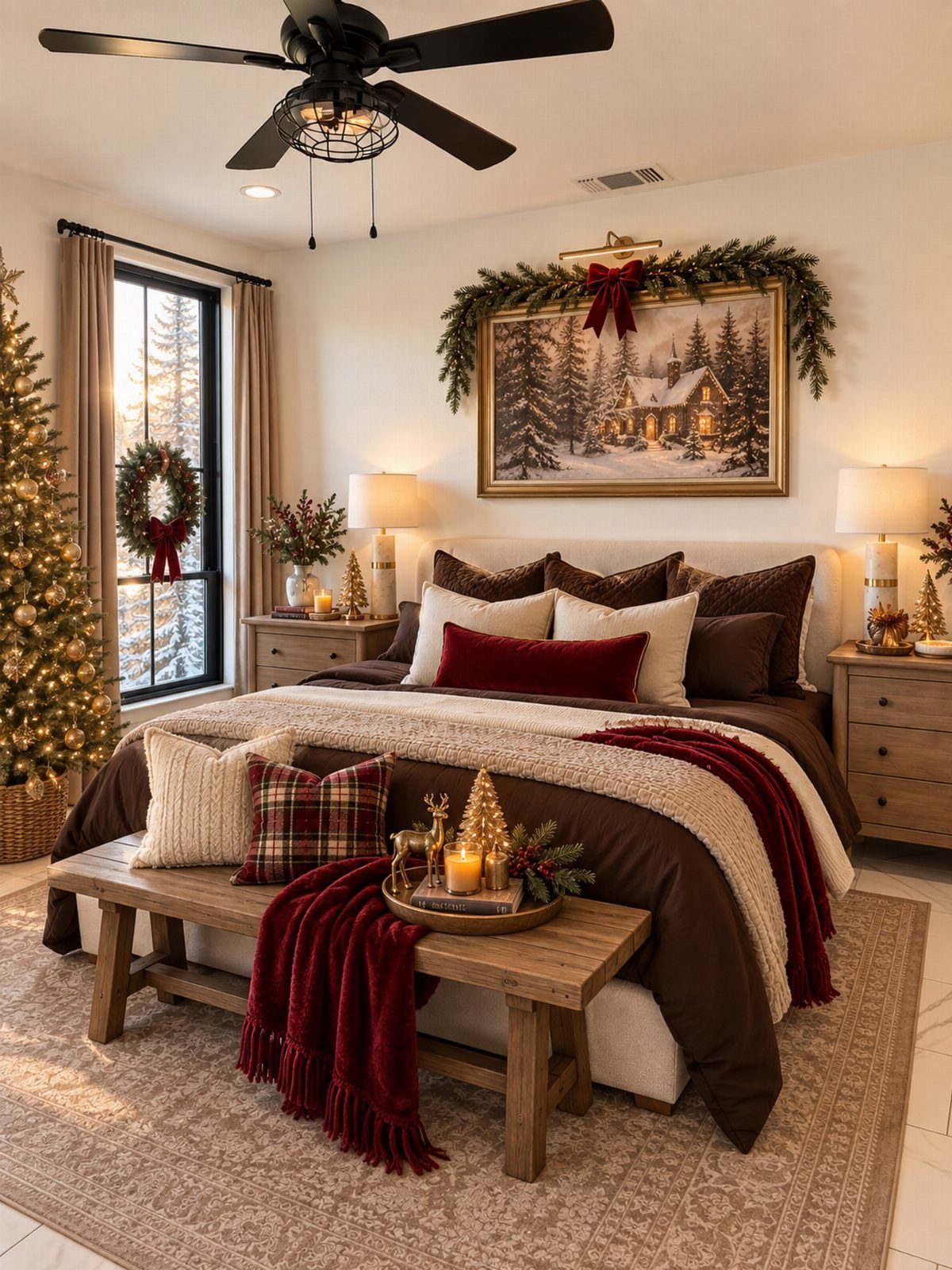 Christmas decorated bedroom with a brown bed, red accents, and a lit tree.