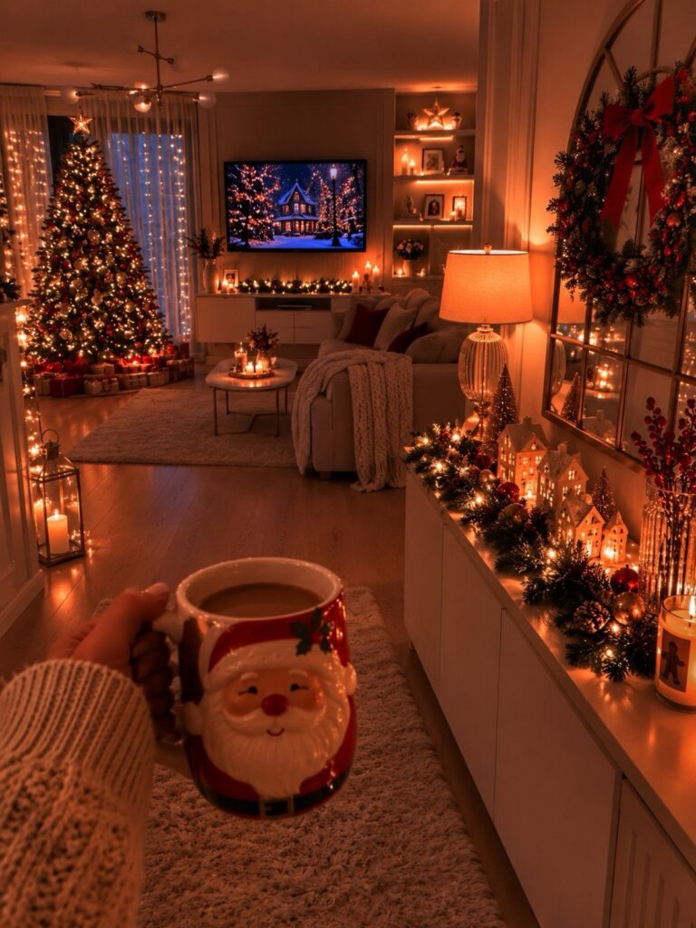 Santa Claus mug held in a cozy living room with a lit Christmas tree.