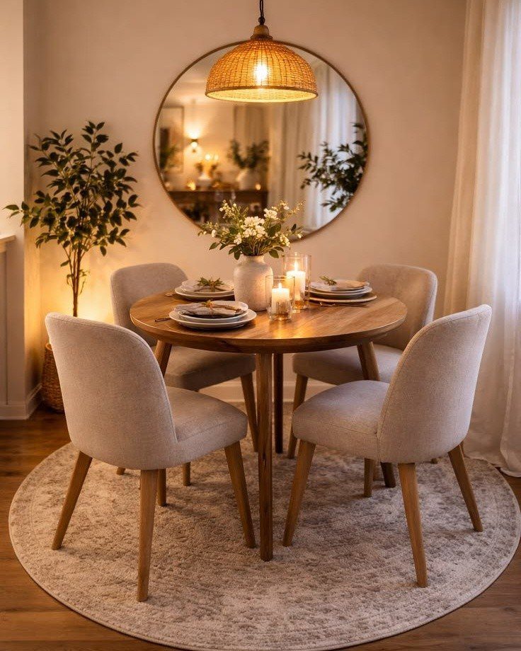 Round wooden dining table with beige chairs and a circular mirror in a cozy room