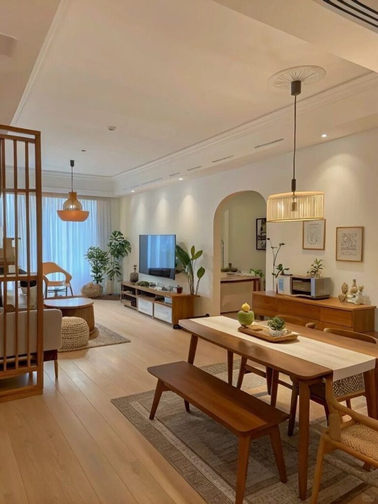 Open concept living and dining room with wooden furniture and warm lighting.
