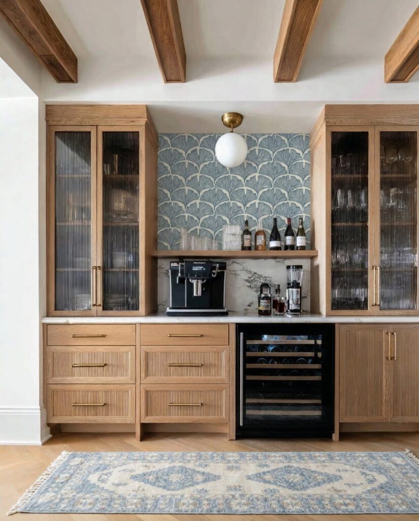 Built-in wood buffet with coffee machine, wine cooler, and blue tile backsplash.