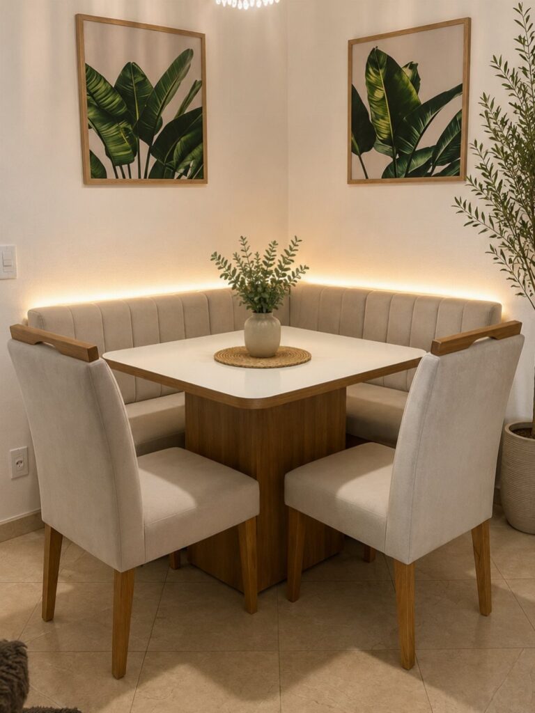 Beige corner dining nook with a white square table and two upholstered chairs.