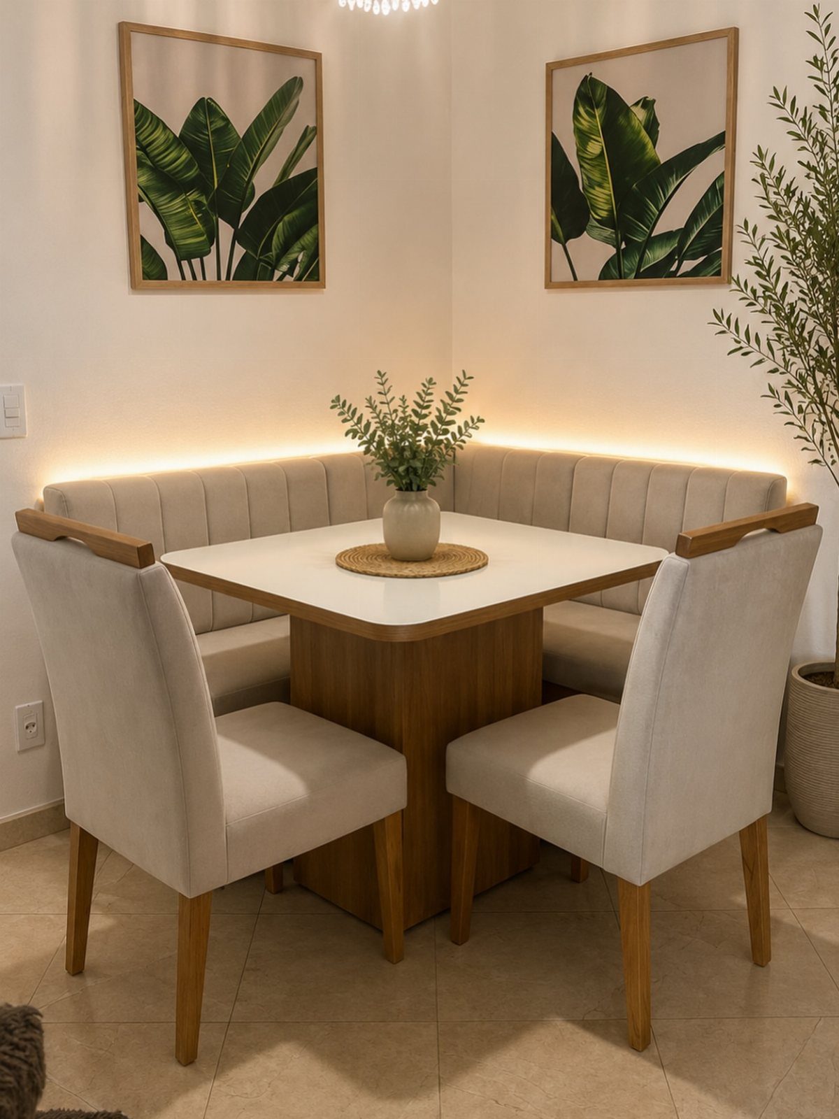Beige corner dining nook with a white square table and two upholstered chairs.