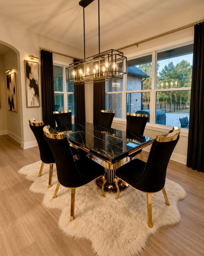 Modern dining room with black marble table, velvet chairs, and gold chandelier.