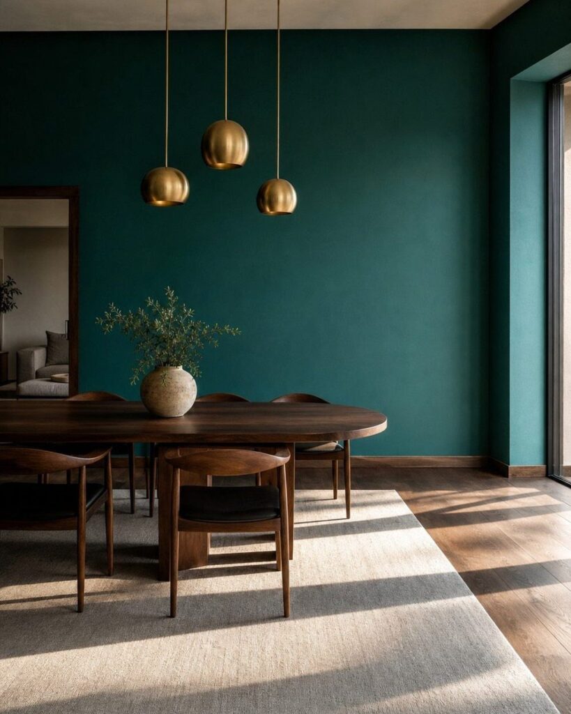 Deep teal dining room walls with a wooden table and gold pendant lights.
