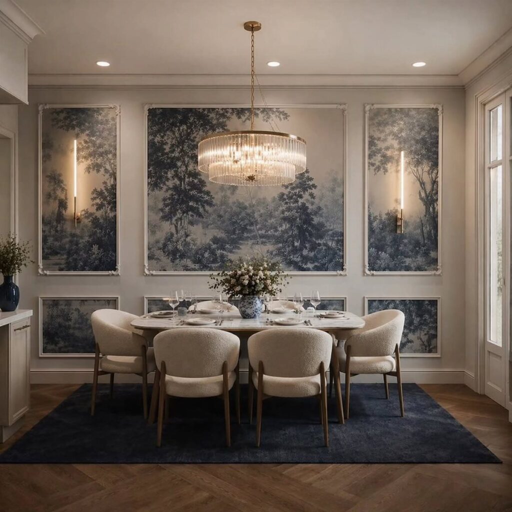 Dining room with large blue landscape wall art, crystal chandelier, and white furniture.