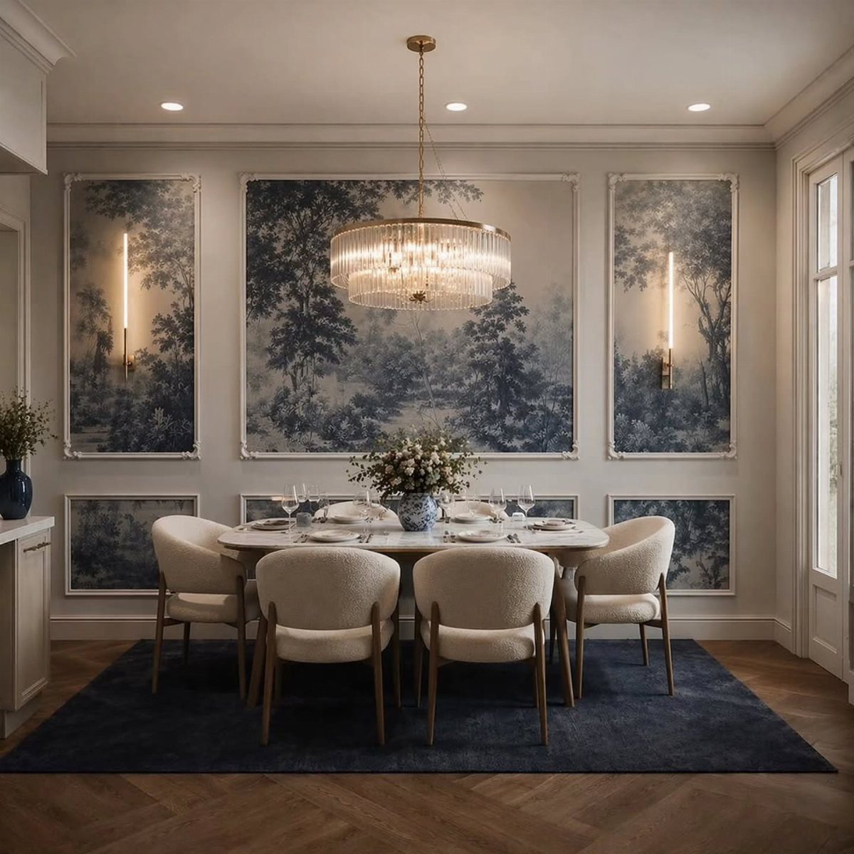 Dining room with large blue landscape wall art, crystal chandelier, and white furniture.
