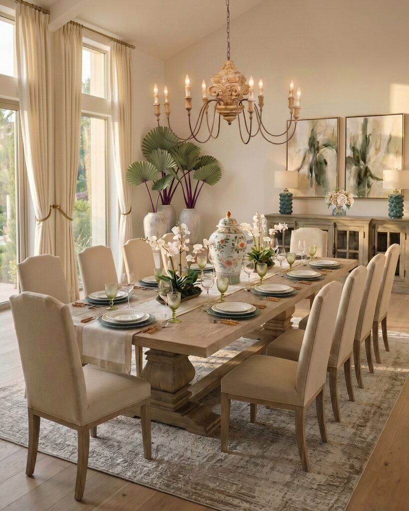 Dining room with a long wooden table and a matching buffet sideboard against the wall.