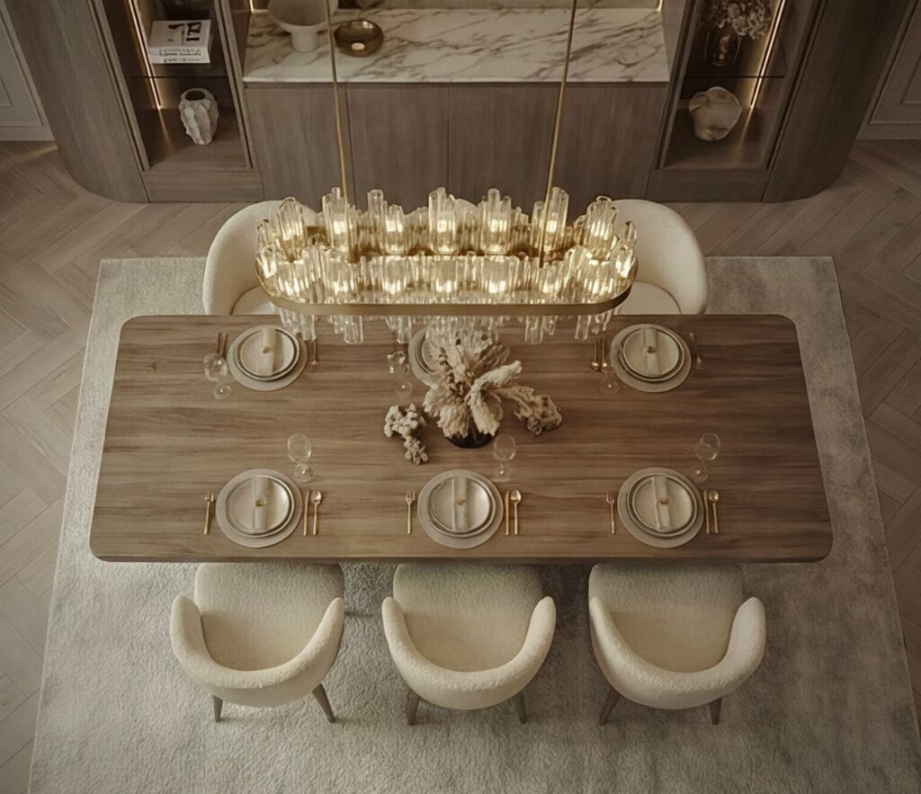 Wooden dining table with white chairs and a modern gold glass chandelier above.