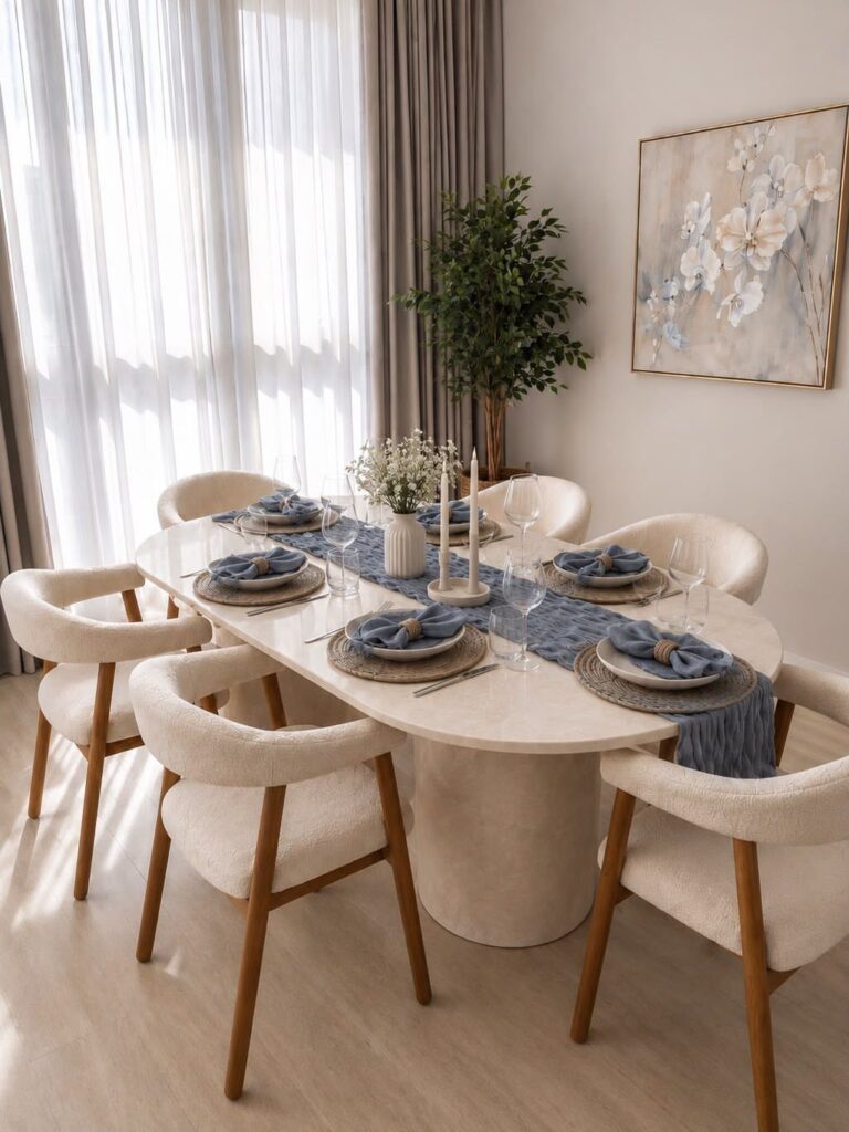 Oval white dining table with blue runner, grey plates, and cream modern chairs.
