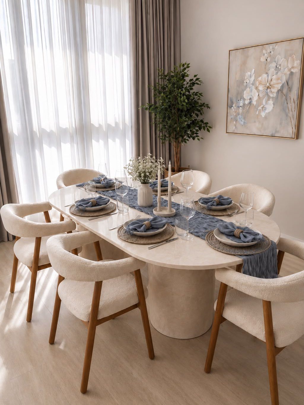 Oval white dining table with blue runner, grey plates, and cream modern chairs.