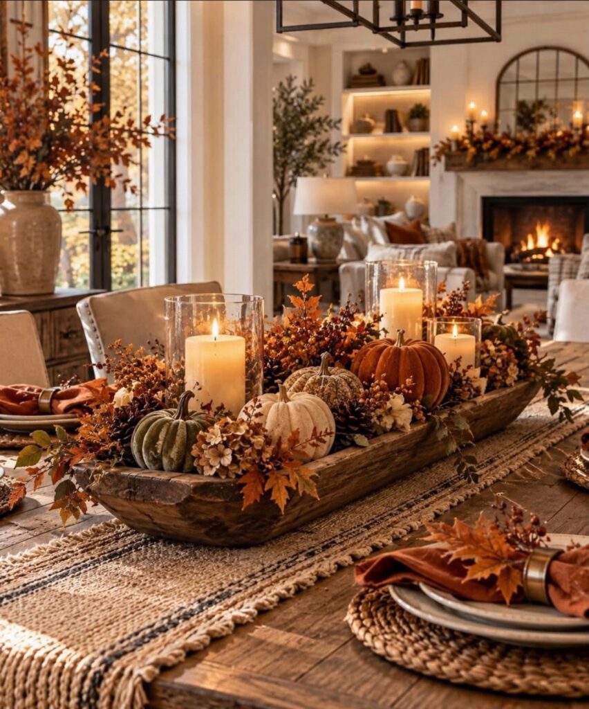 Autumn dining table centerpiece with pumpkins, candles, and fall leaves in a wooden bowl.