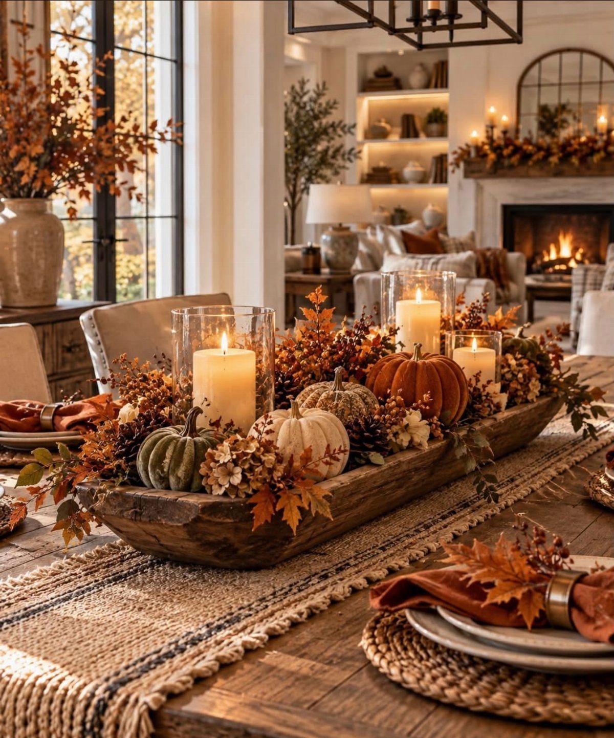 Autumn dining table centerpiece with pumpkins, candles, and fall leaves in a wooden bowl.