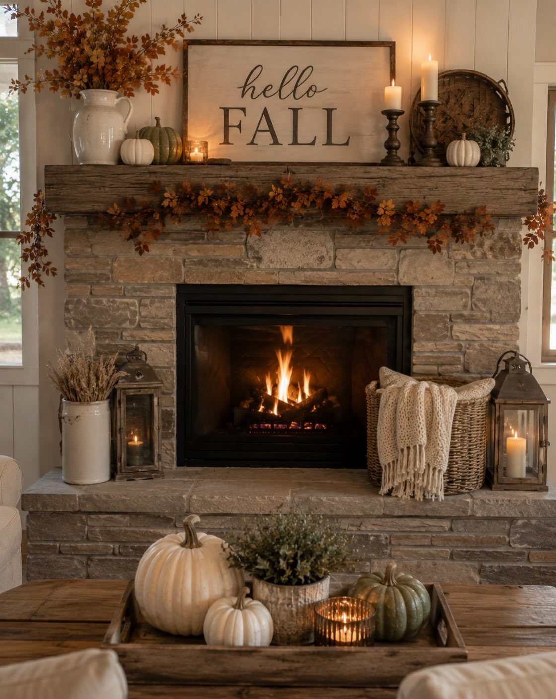 Stone fireplace mantel decorated with autumn leaves, pumpkins, candles, and a fall sign.