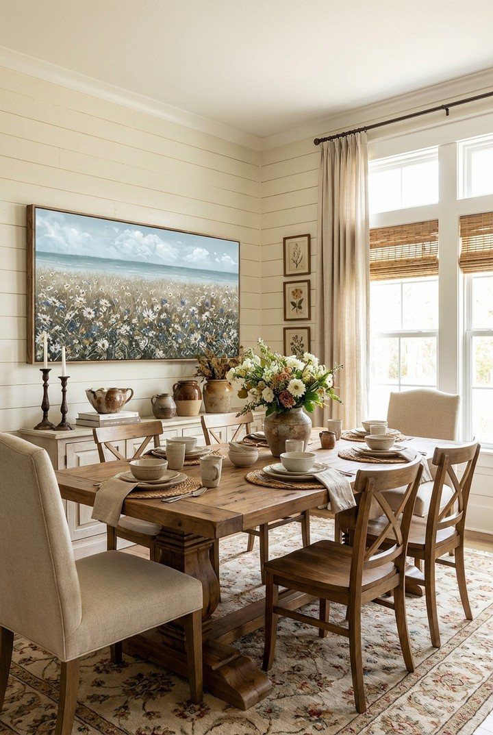 Rustic wooden dining table with cross-back chairs in a white shiplap dining room.