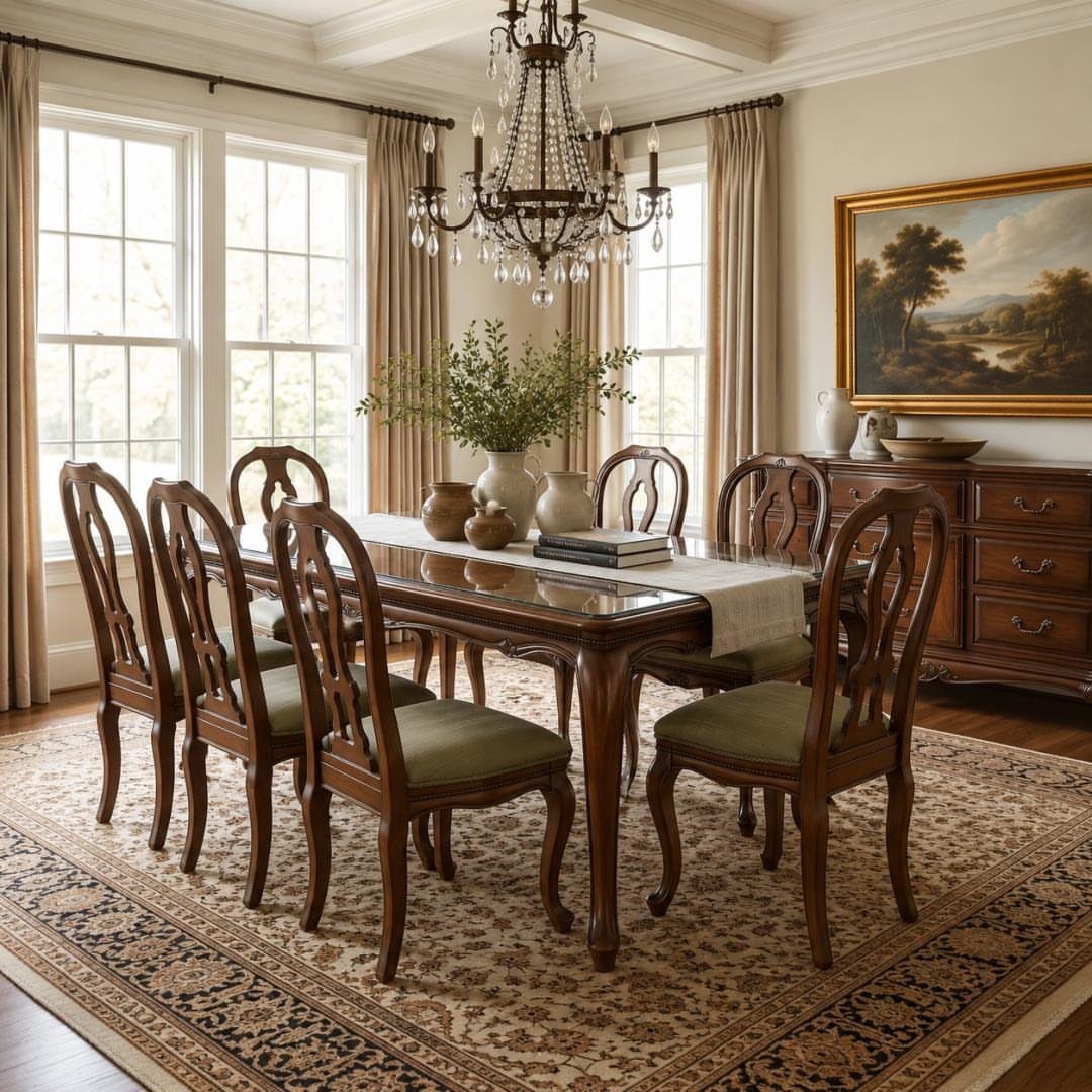 Polished dark wood dining table and chairs in a traditional formal dining room.