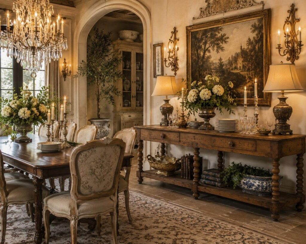 French country dining room with wooden table, upholstered chairs, and crystal chandelier.