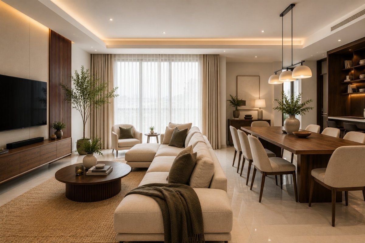 Modern open-concept room with a beige sectional sofa and wooden dining table opposite each other.