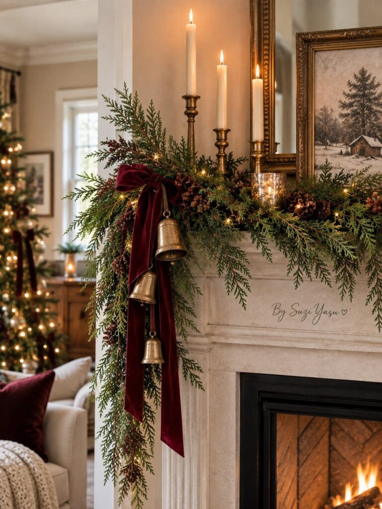 Fireplace mantel decorated with evergreen garland, burgundy velvet bow, and gold taper candles.