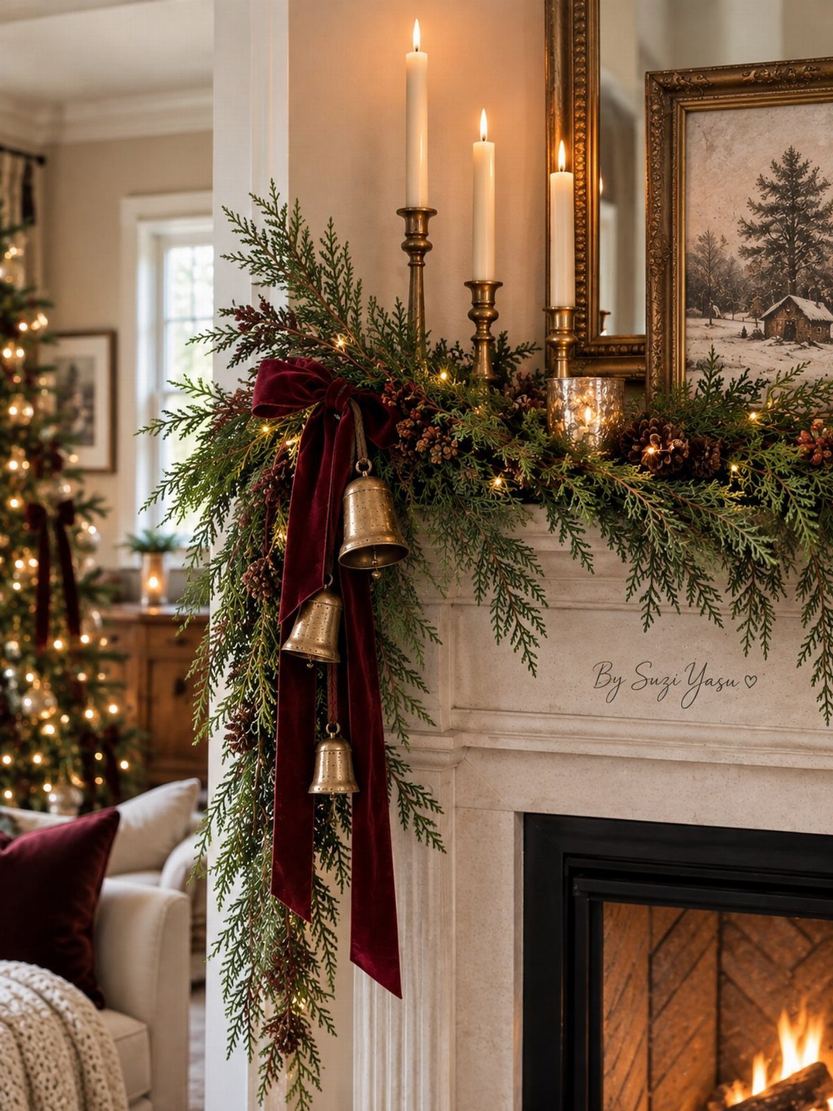 Fireplace mantel decorated with evergreen garland, burgundy velvet bow, and gold taper candles.