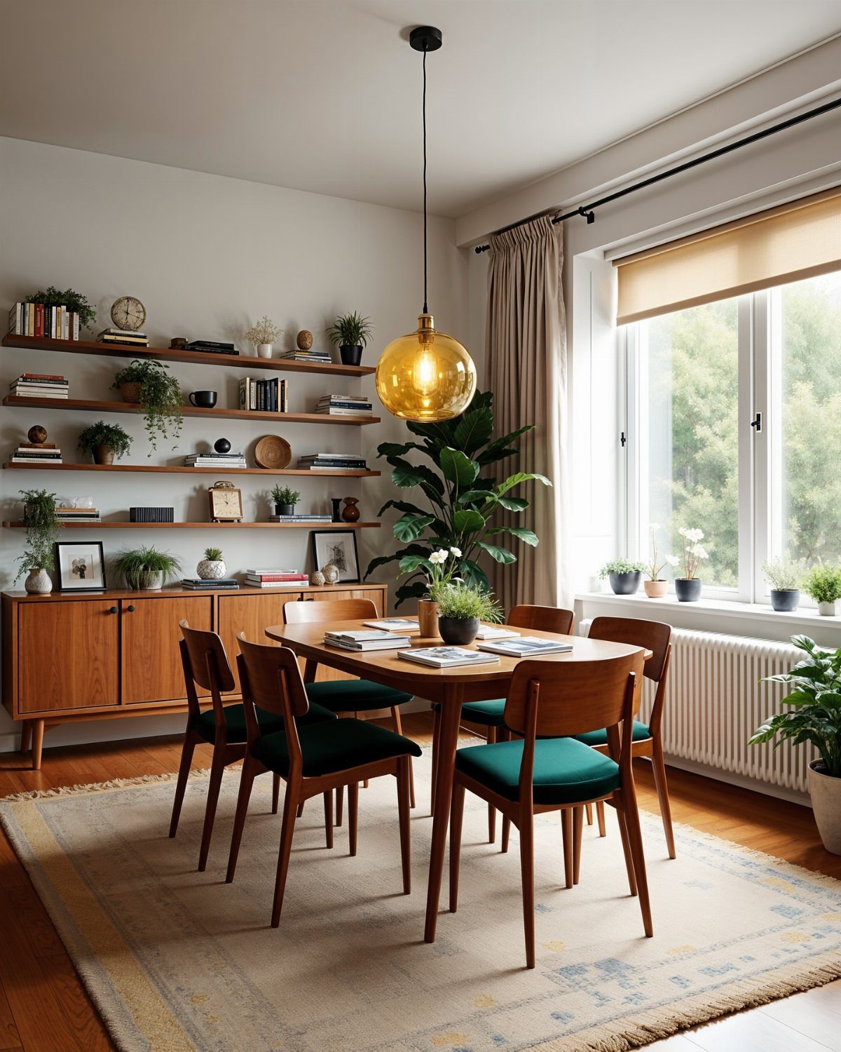 Mid century modern dining room with wooden furniture, green chairs, and gold pendant light.