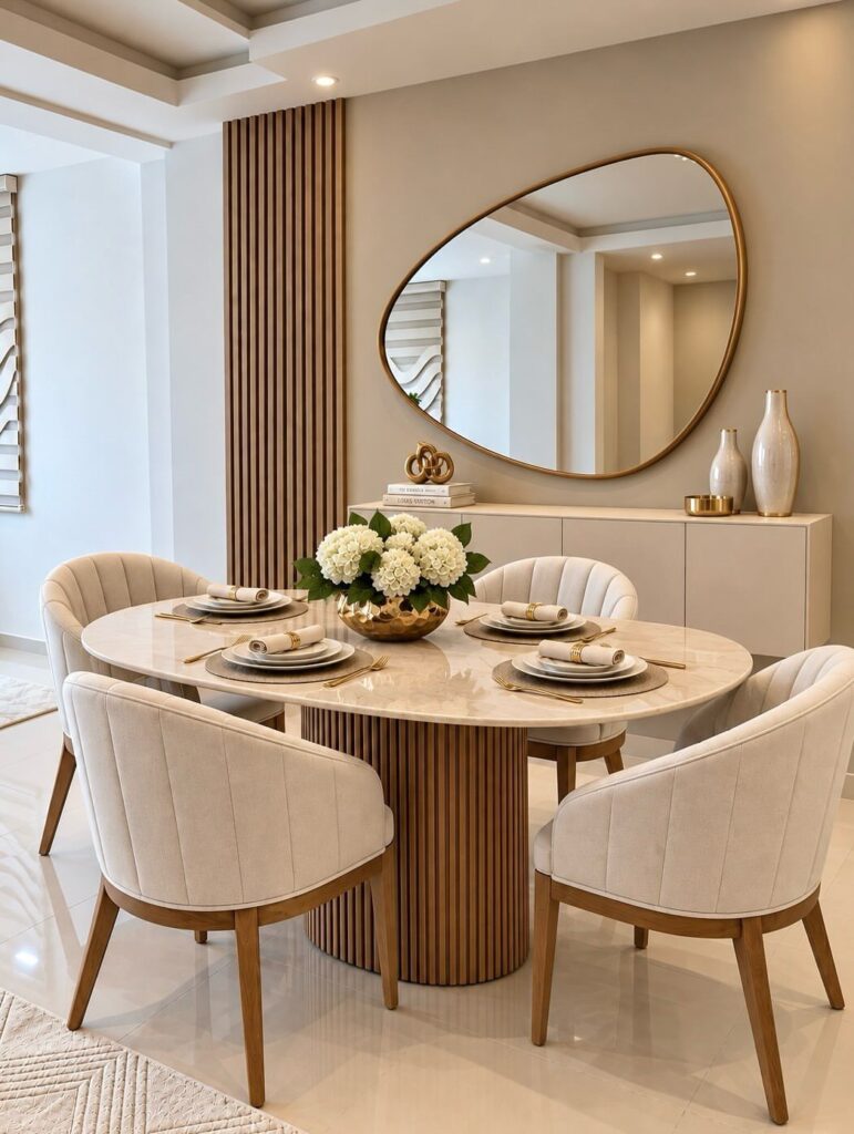 Round white marble dining table with cream upholstered chairs in a modern room
