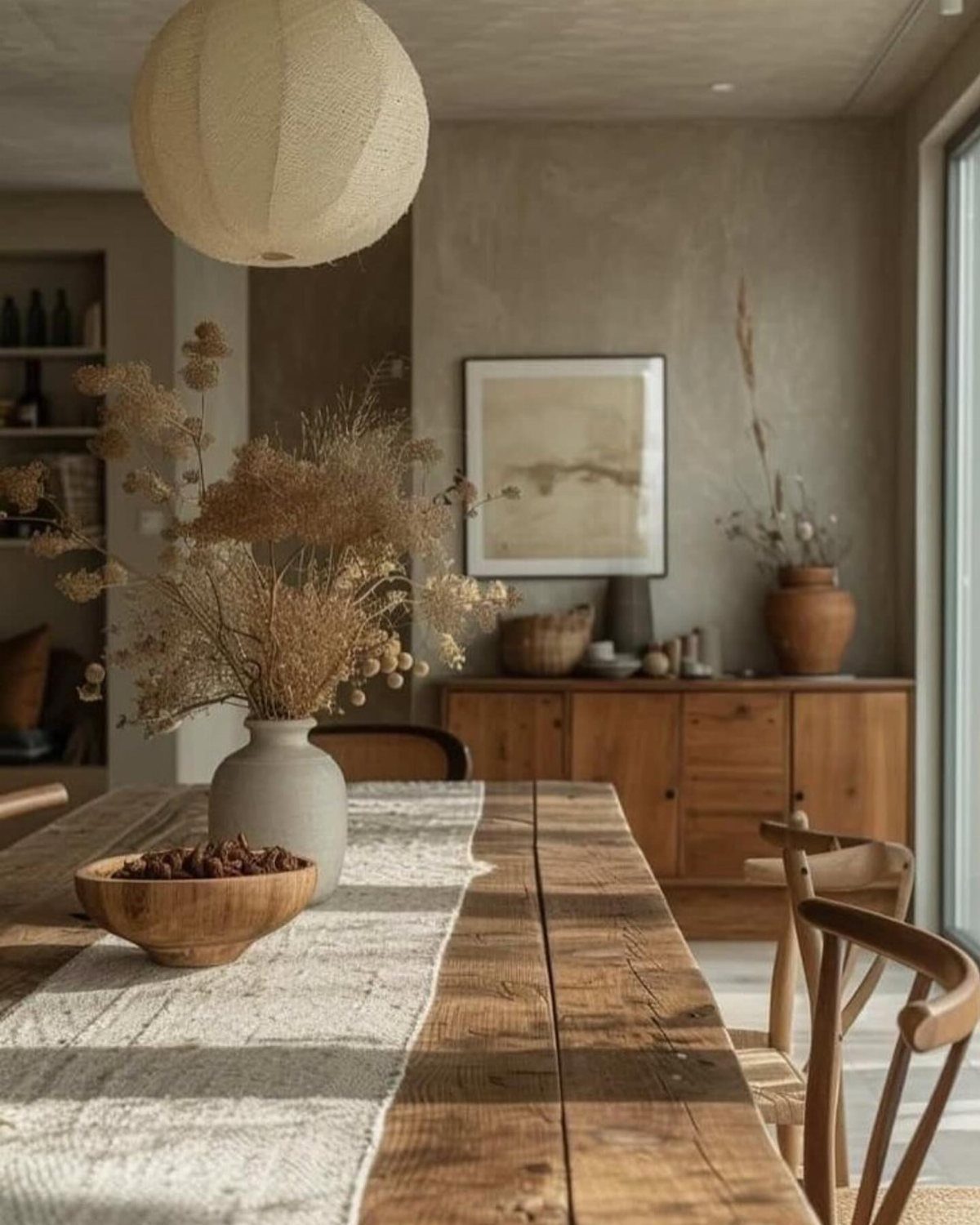 Round white paper lantern hanging over a rustic wooden dining table with dried flowers.