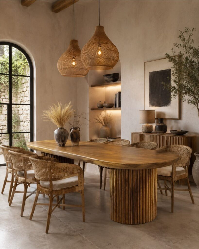 Oval wooden dining table with rattan chairs and wicker pendant lights in neutral room