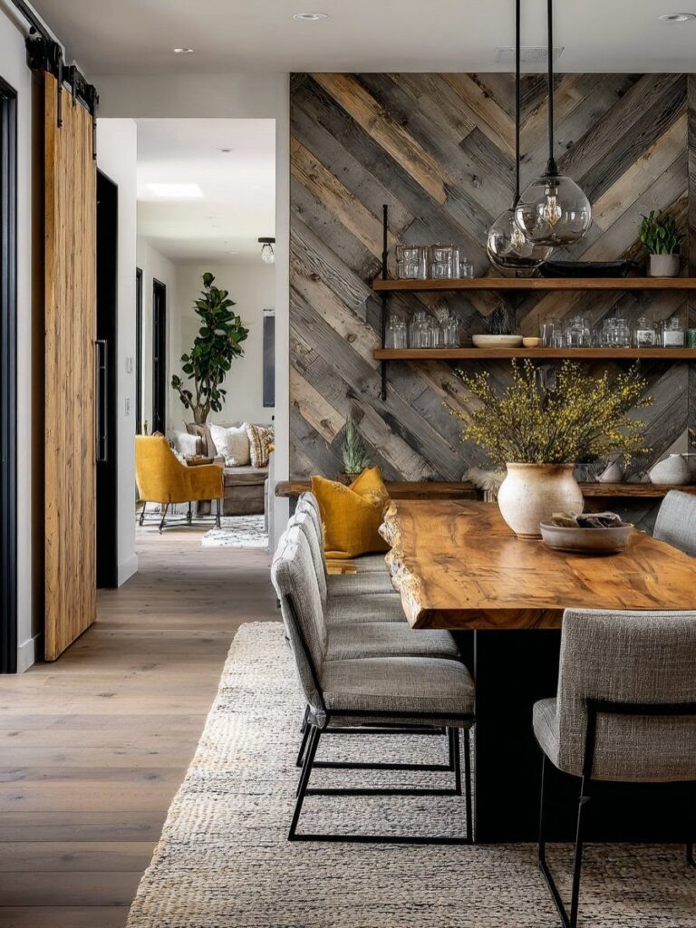 Live-edge wooden dining table with grey chairs against a reclaimed wood accent wall.