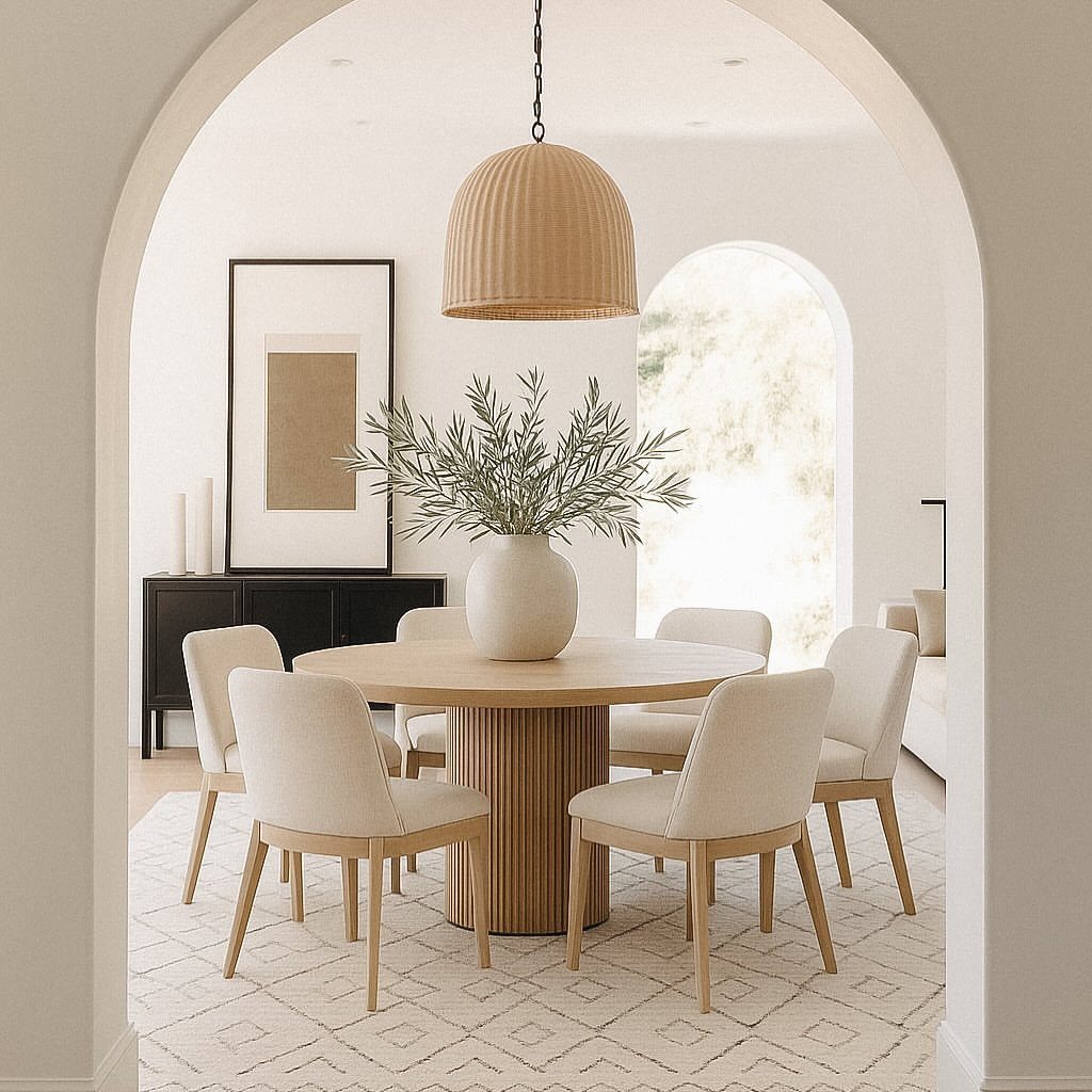 Round light-wood dining table with fluted base and cream chairs in bright room