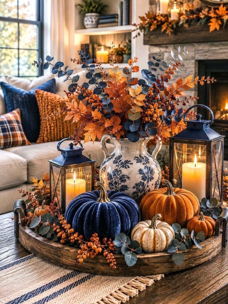 Navy blue and orange velvet pumpkins with lit lanterns in a wooden tray.