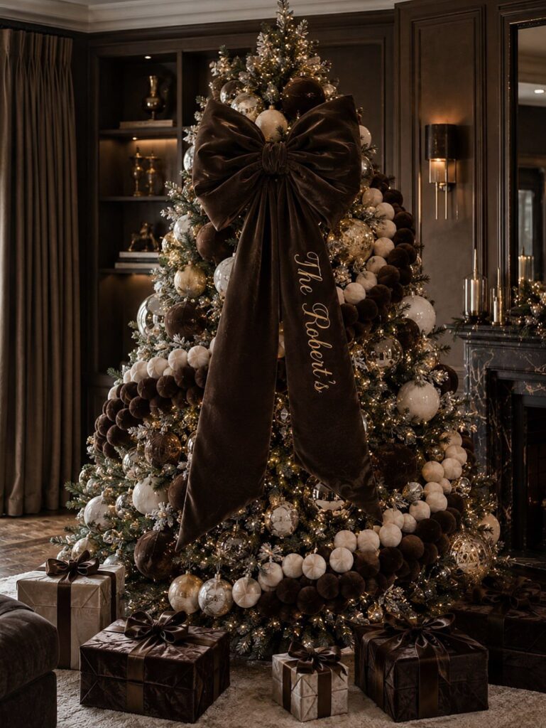 Christmas tree decorated with brown and cream ornaments and a large velvet bow.