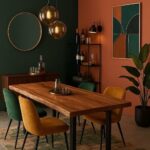 Wooden dining table with natural brown top and black legs in modern room