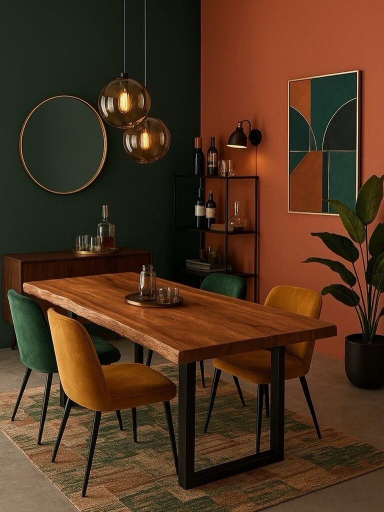 Wooden dining table with natural brown top and black legs in modern room