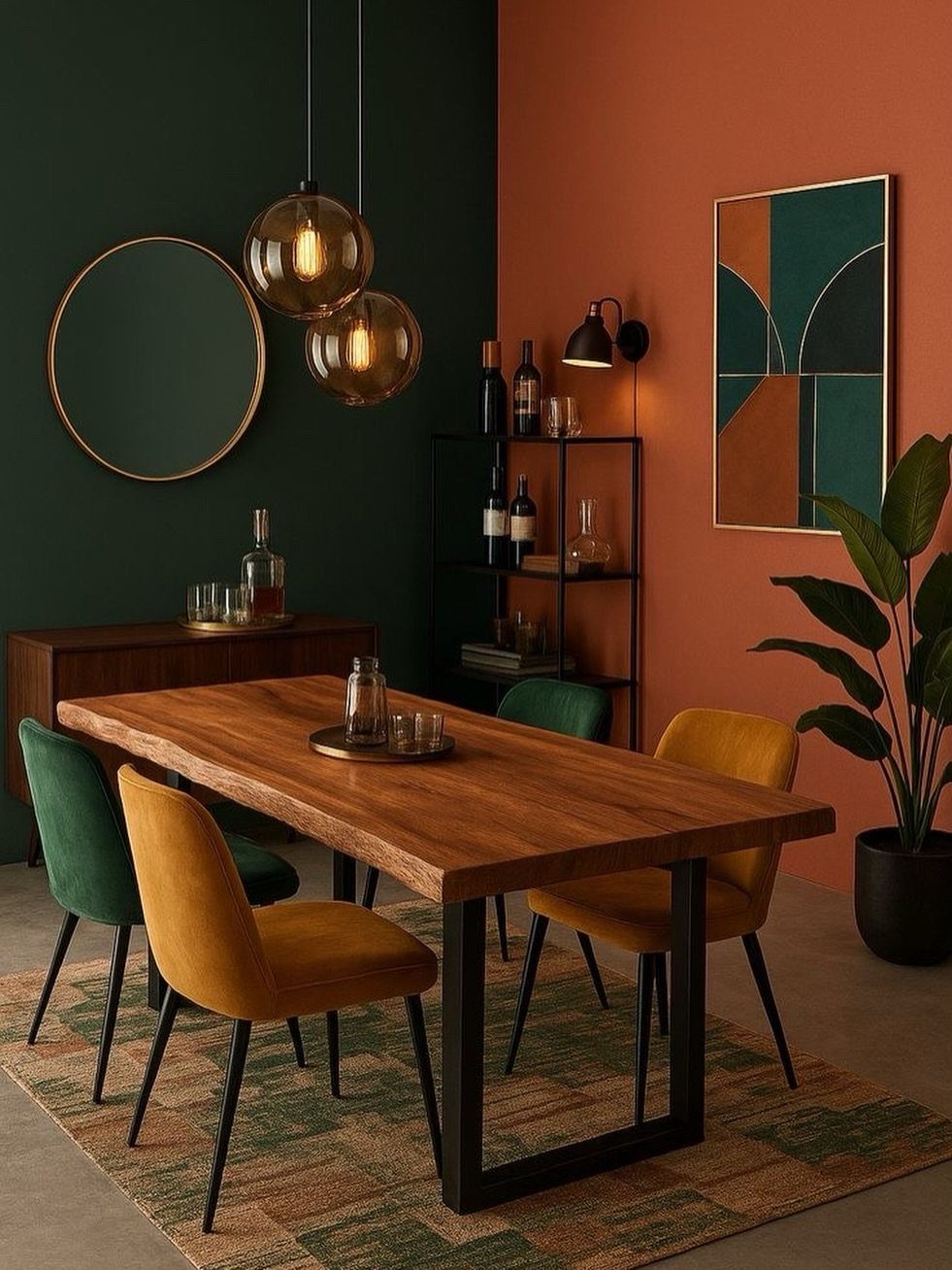 Wooden dining table with natural brown top and black legs in modern room
