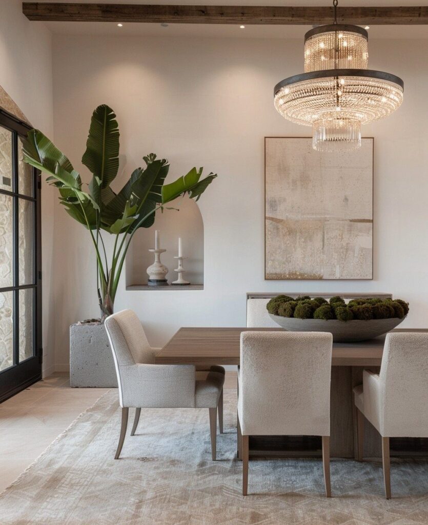 Modern dining room with wooden table, beige chairs, and a tiered crystal chandelier.